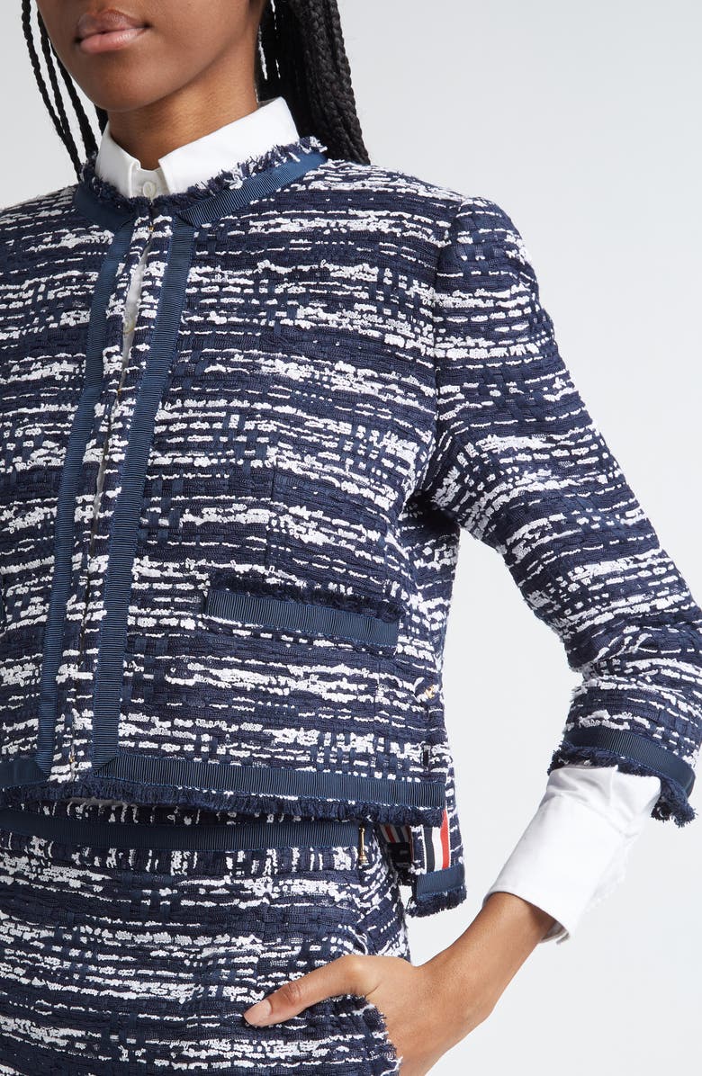 Thom Browne Drop Back Mélange Tulle Yarn Tweed Crop Cardigan Jacket, Alternate, color, Navy