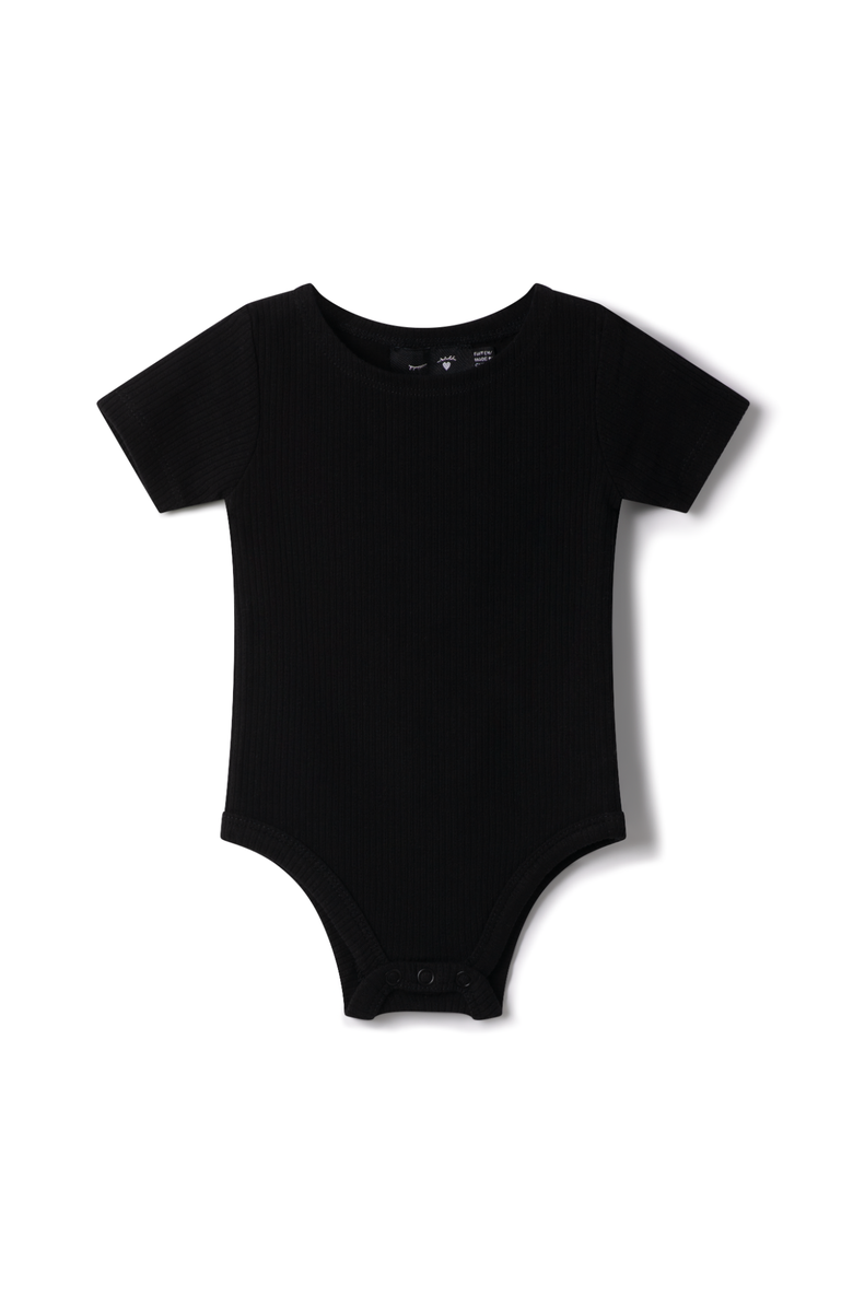 Peek a boo Pointelle Rib Snap Bottom Elastic Leg Romper, Main, color, Black