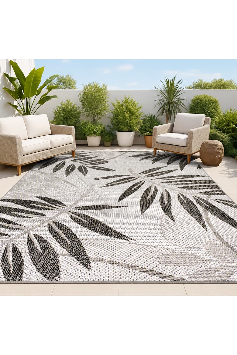 Havana Tropical Palm Leaf Indoor/Outdoor Area Rug, Alternate, color, Gray/Black