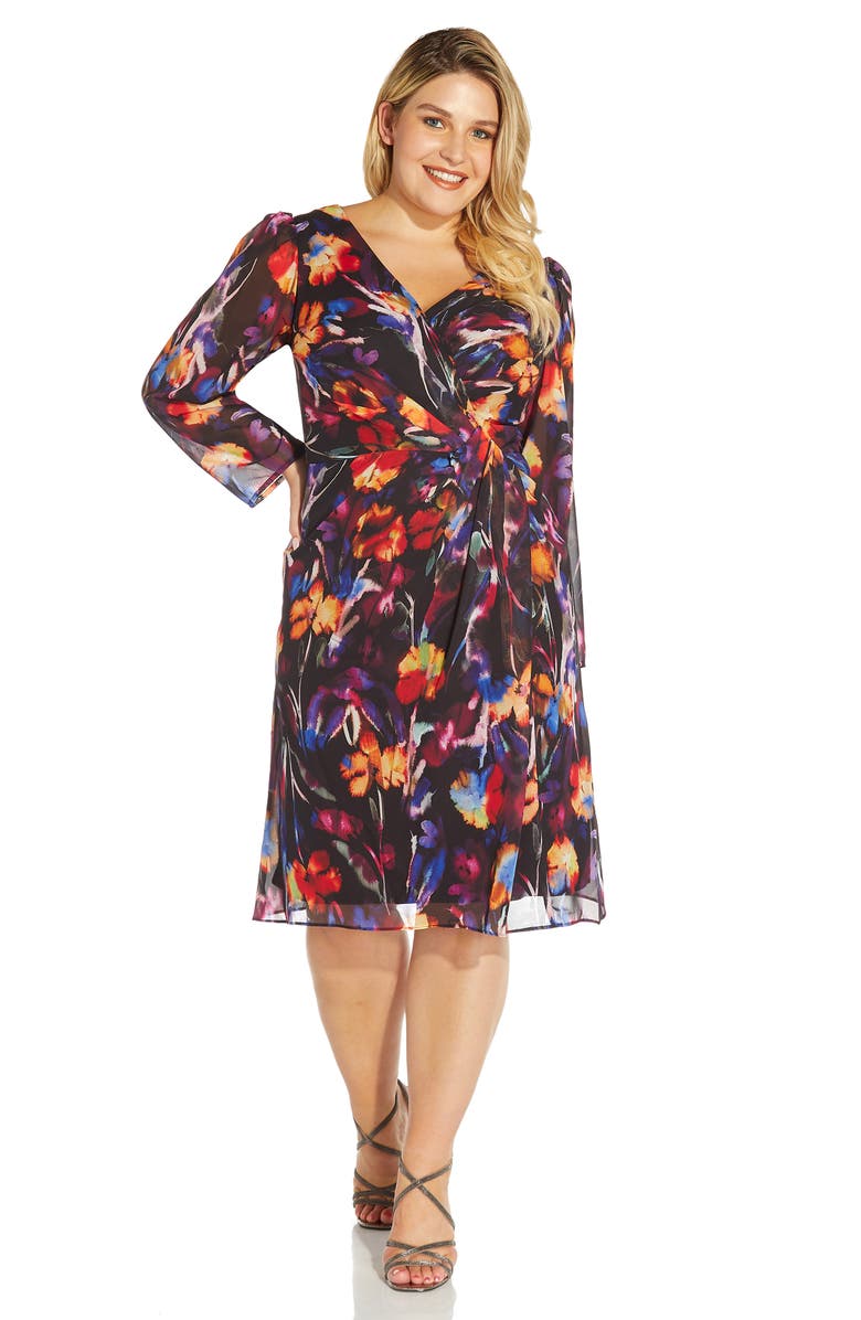 Adrianna Papell Watercolor Floral Long Sleeve Chiffon Cocktail Dress, Alternate, color,