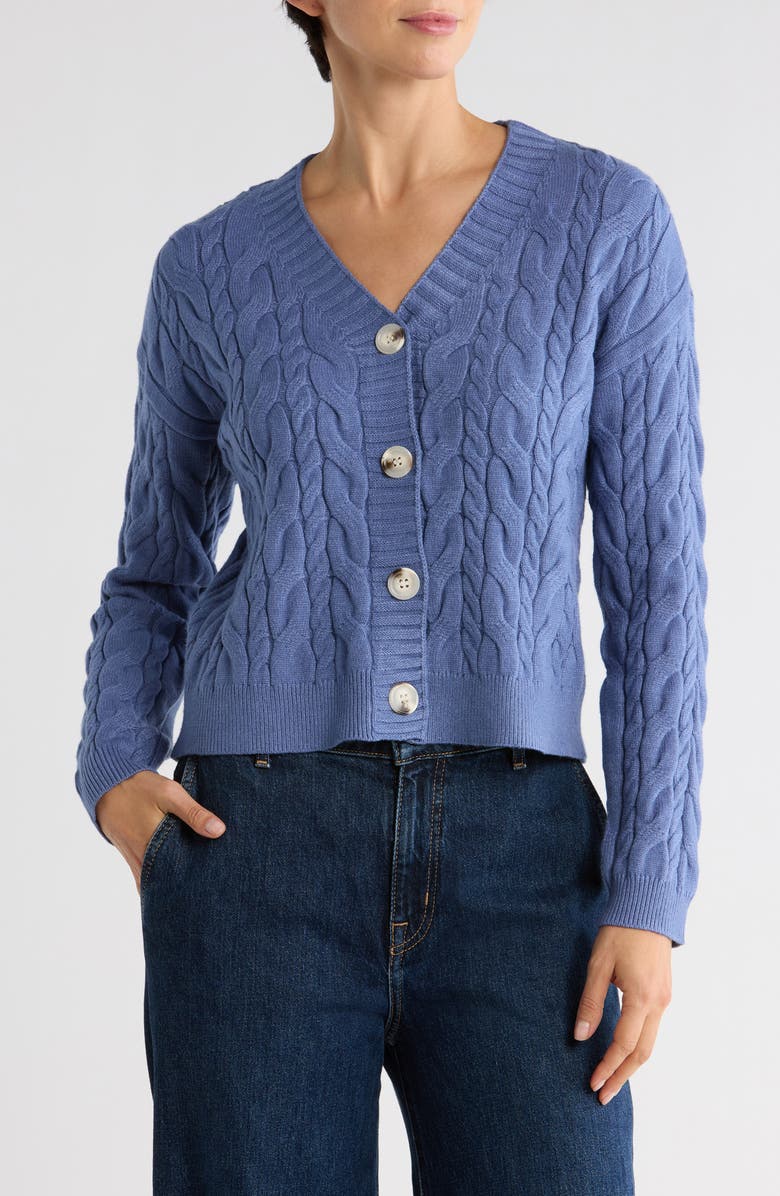 CYRUS Cable Knit Crop Cardigan, Main, color, New Jeans Heather