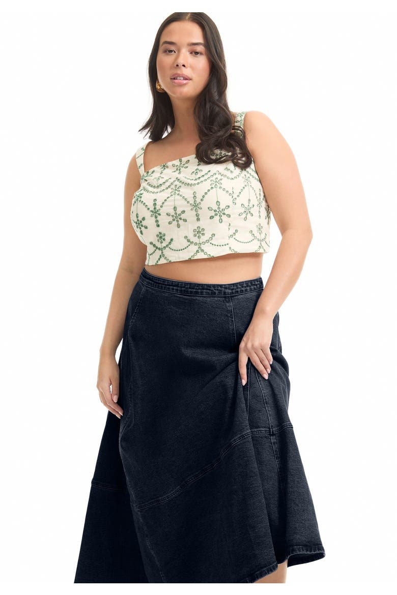 Fit-And-Flare Denim Midi Skirt, Alternate, color, DARK RINSE