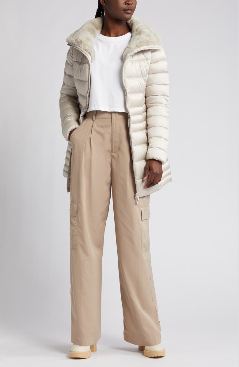 Save The Duck Caroline Water Repellent Satin Puffer Jacket, Main, color, Rainy Beige