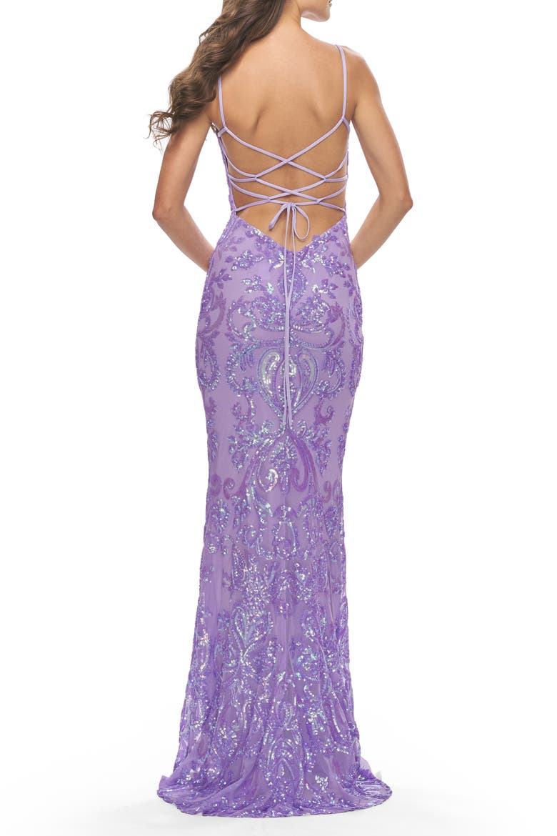 Print Sequin Gown with Square Neckline, Alternate, color, Lavender