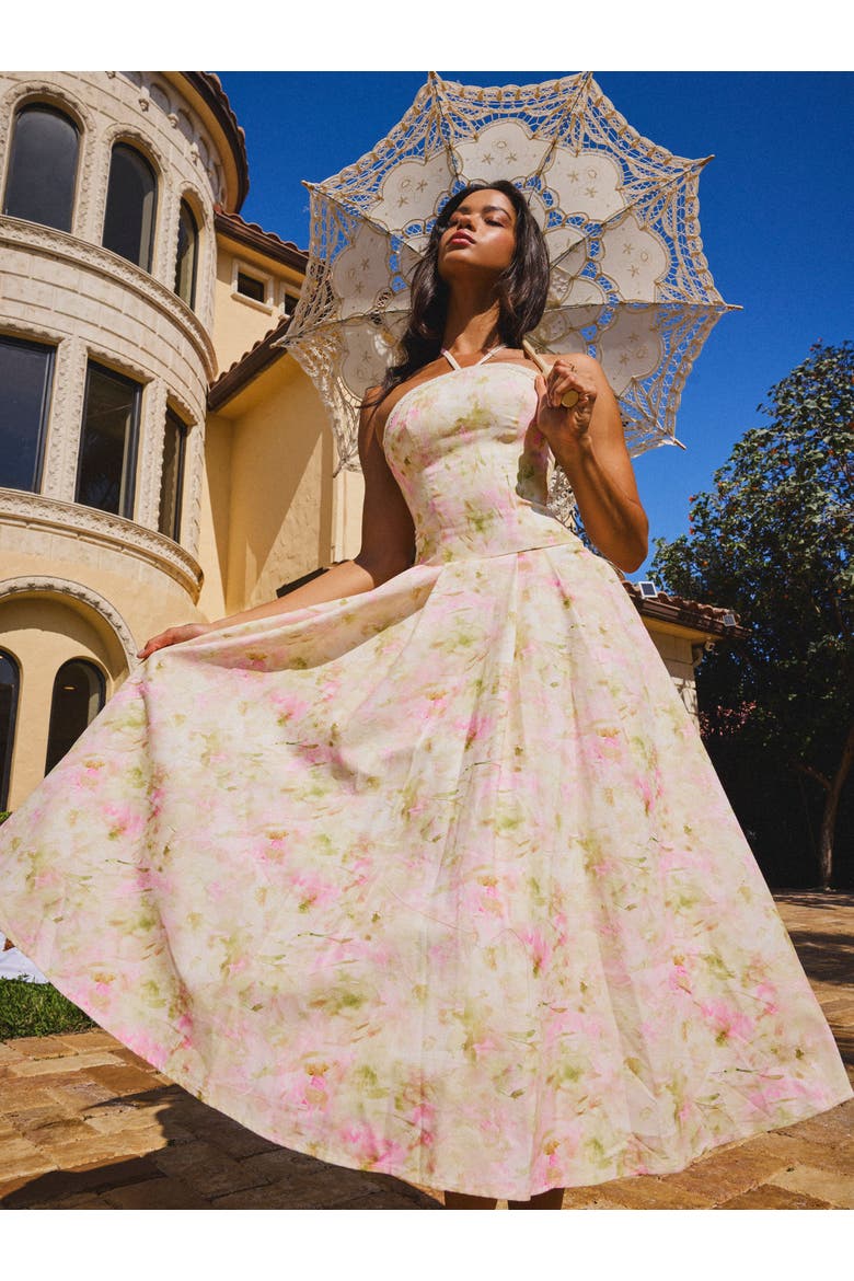 Zaina Floral Print Lace Trim Linen Midi Dress, Alternate, color, Yellow and pink floral print