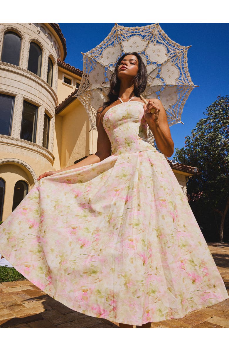 Miss Circle Zaina Floral Print Lace Trim Linen Midi Dress, Alternate, color, Yellow And Pink Floral Print