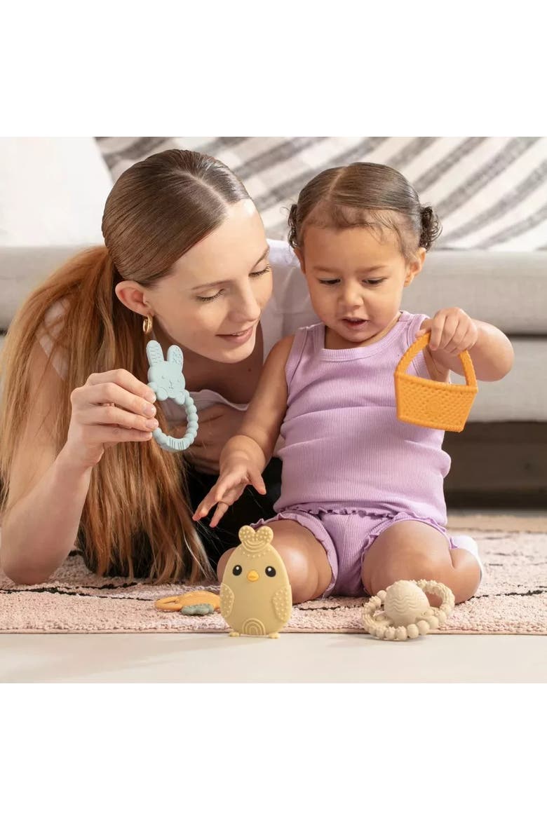 Plush Bunny with Bow and Silicone Teether Set, Alternate, color, Blue