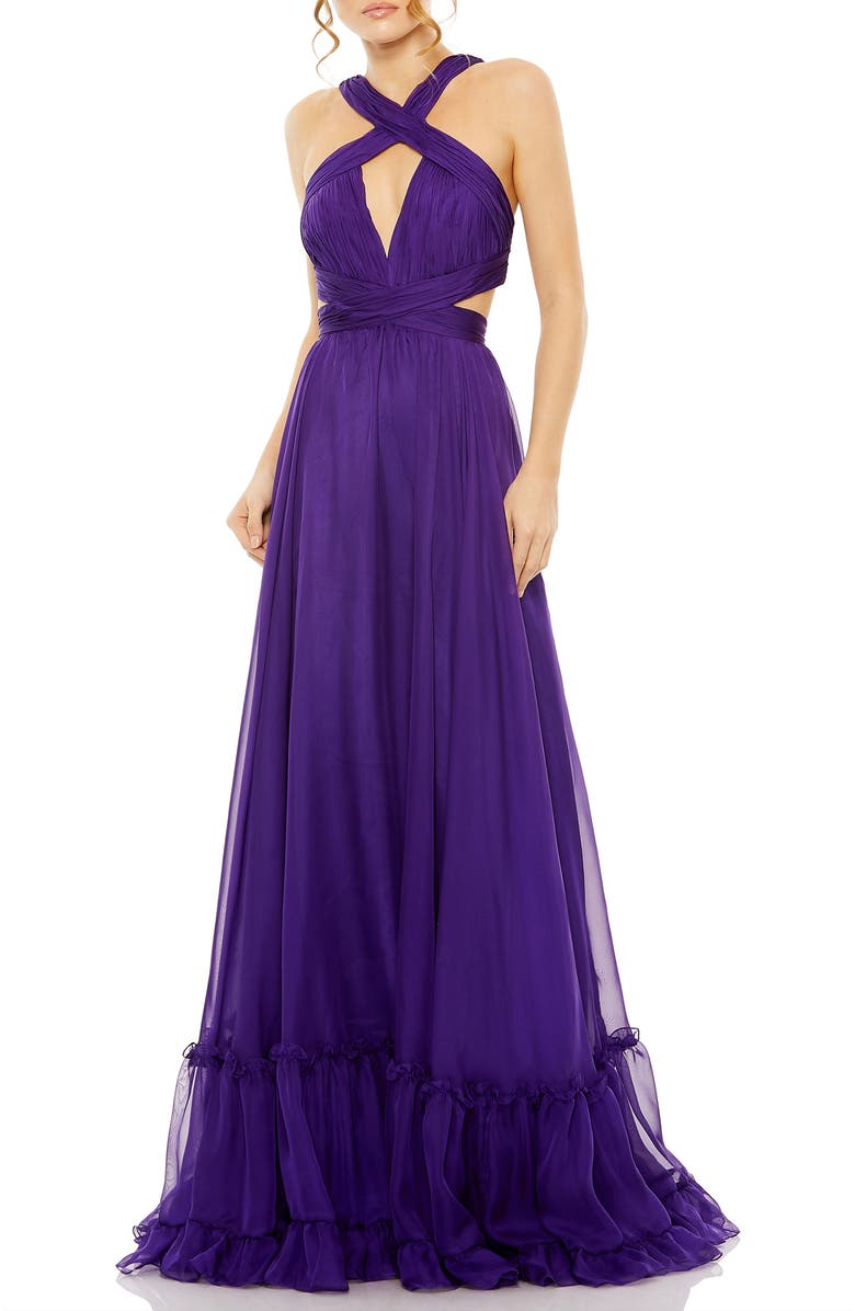 Mac Duggal Sleeveless Crisscross Halter Cutout keyhole Tiered Gown, Main, color, Purple