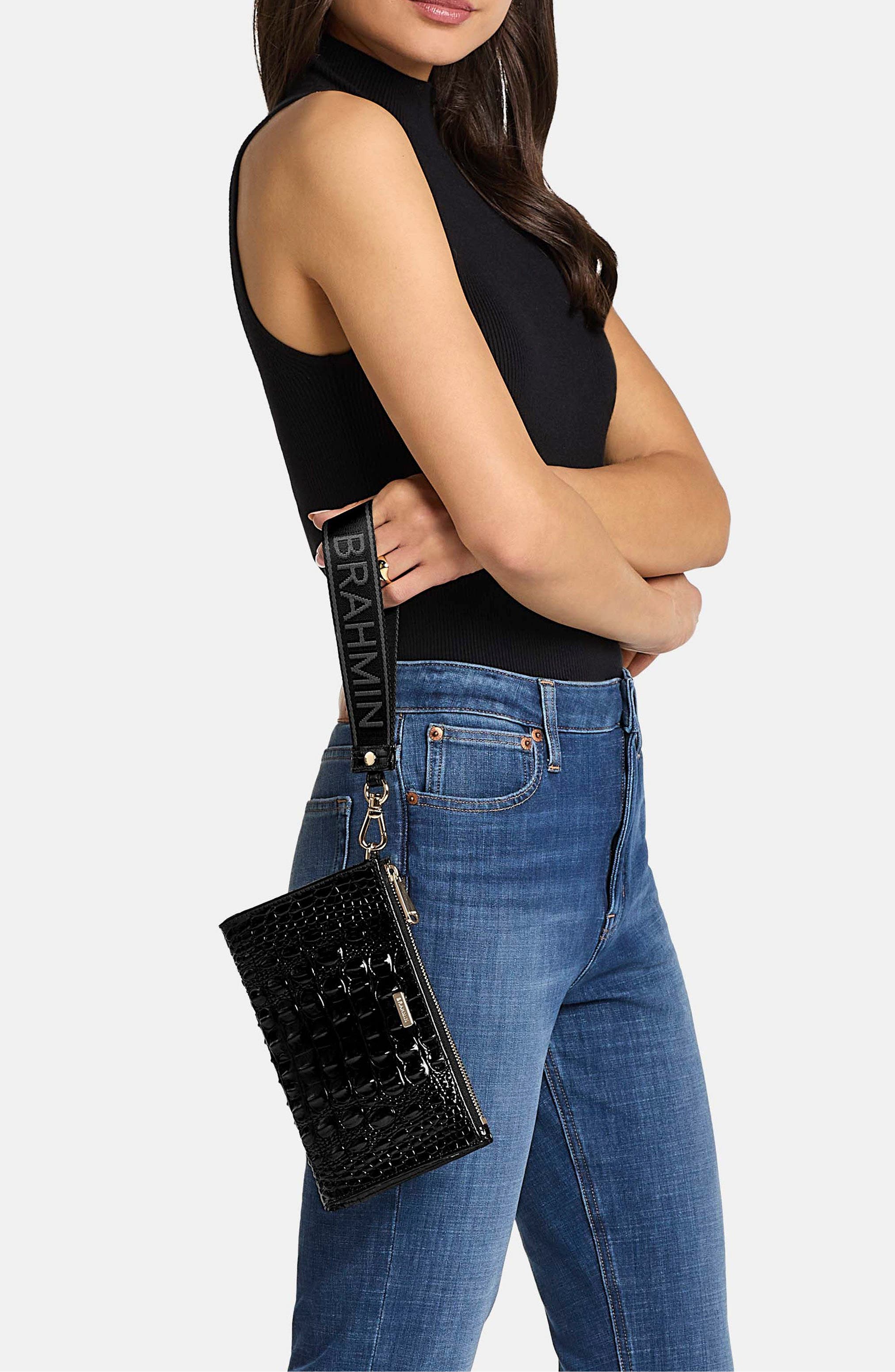 Adia Croc Embossed Leather Wristlet, Alternate, color, BLACK
