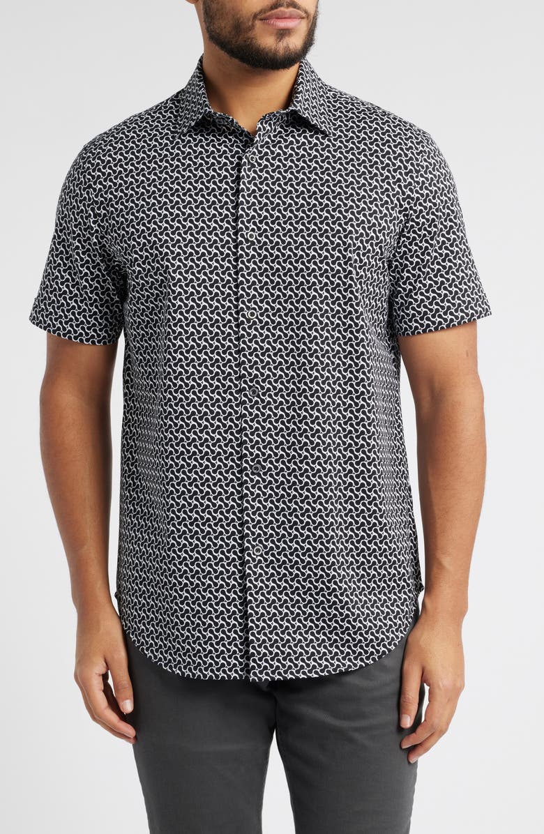Bugatchi Miles OoohCotton<sup>®</sup> Geo Print Short Sleeve Button-Up Shirt, Main, color, Black