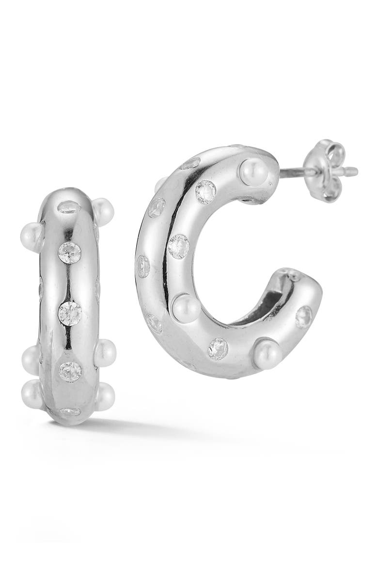 Rhodium Plated Sterling Silver 2.3mm Cultured Pearl & CZ Huggie Hoop Earrings, Main, color, SILVER