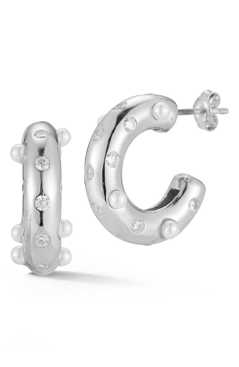 SPHERA MILANO Rhodium Plated Sterling Silver 2.3mm Cultured Pearl & CZ Huggie Hoop Earrings, Main, color, Silver