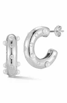 SPHERA MILANO Rhodium Plated Sterling Silver 2.3mm Cultured Pearl & CZ Huggie Hoop Earrings