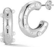SPHERA MILANO Rhodium Plated Sterling Silver 2.3mm Cultured Pearl & CZ Huggie Hoop Earrings
