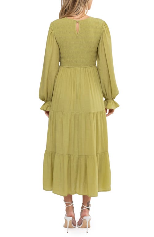 August Sky Smocked Long Sleeve Tiered Dress In Green
