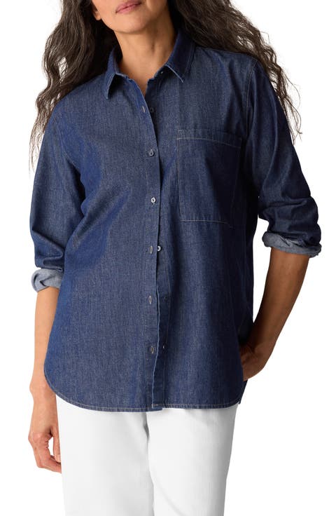Classic Collar Organic Cotton Denim Button-Up Shirt