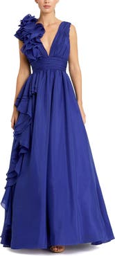 Mac Duggal Ruffle Shoulder V-Neck Chiffon Gown