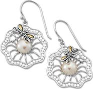 SAMUEL B. Sterling Silver & 18K Gold Pearl Dragonfly Filigree Drop Earrings