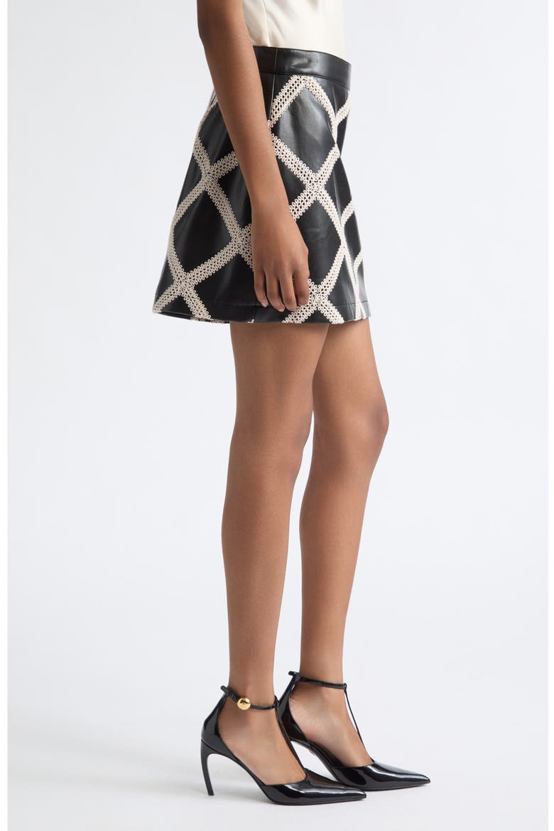 Audree Lattice Trim Faux Leather Miniskirt, Alternate, color, BLACK/ GARDENIA