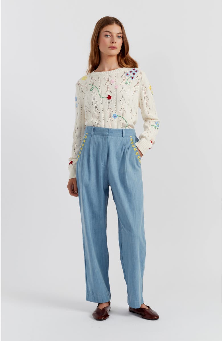 Chinti & Parker Chambray Daisy Wide-Leg Pants, Alternate, color, Spring Blue