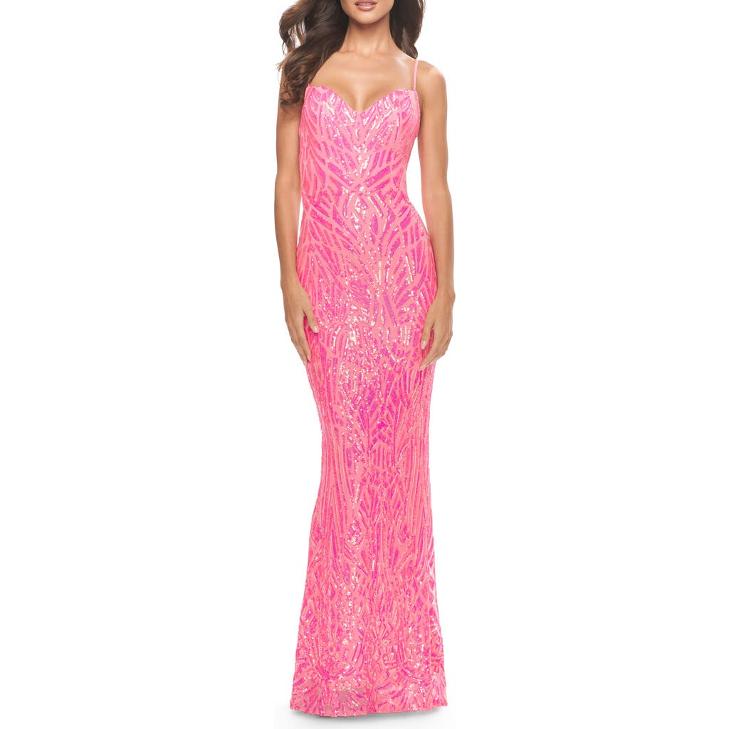 La Femme Gorgeous Print Sequin Dress With Lace Up Back In Neon Pink