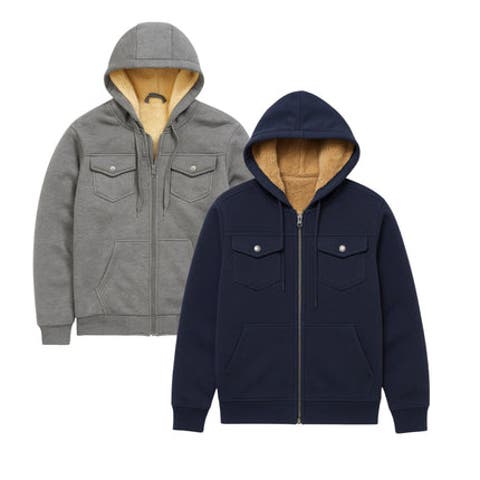 2 Pack Mens Heavyweight Fur Lined Zip Hoodie Jacket