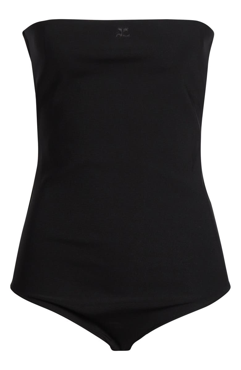 Courrèges Bustier Strapless Jersey & Mesh Bodysuit, Alternate, color, Black