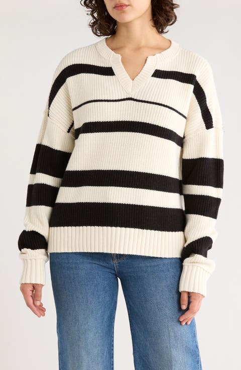Notch Neck Cotton Blend Sweater