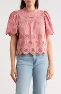 T Tahari Embroidered Eyelet Short Sleeve Cotton Top