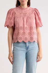 T Tahari Embroidered Eyelet Short Sleeve Cotton Top