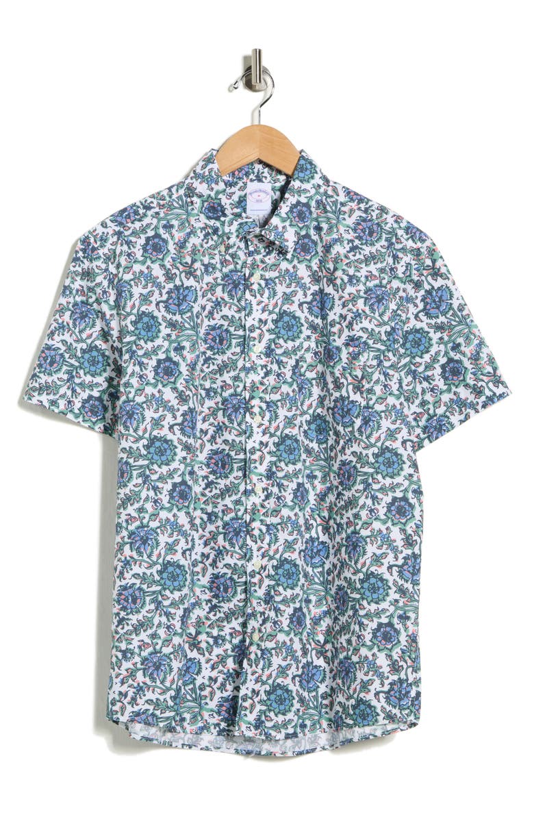Brooks Brothers Sport Fit Floral Short Sleeve Button-Down Shirt, Alternate, color, Cream Multi