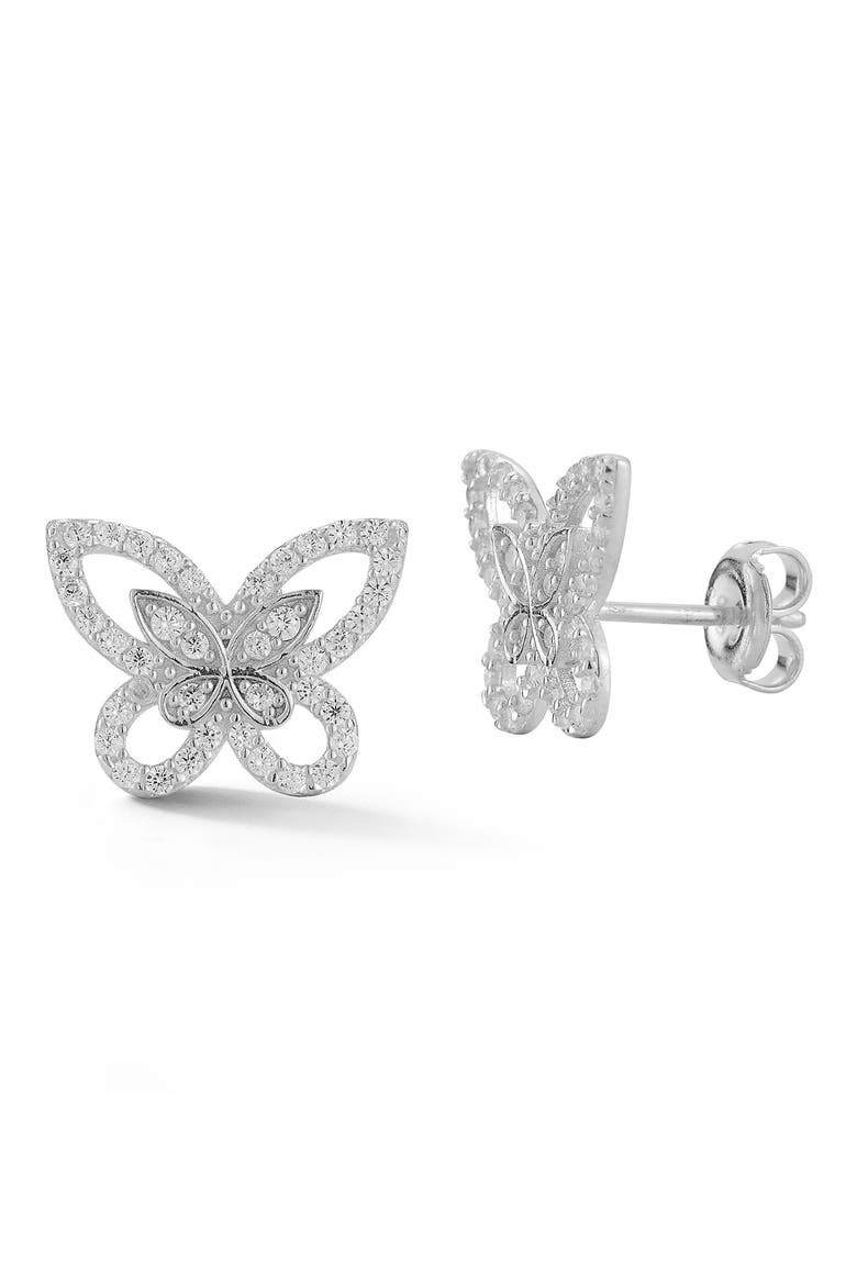 Rhodium Plated Sterling Silver CZ Butterfly Stud Earrings, Main, color, SILVER