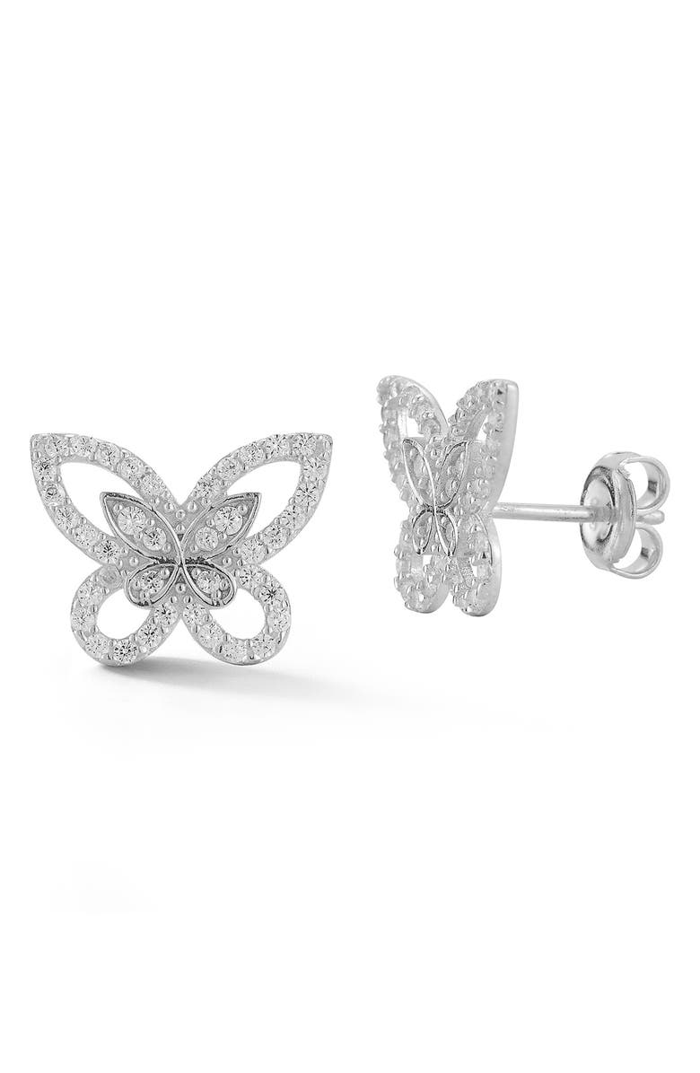 SPHERA MILANO Rhodium Plated Sterling Silver CZ Butterfly Stud Earrings, Main, color, Silver