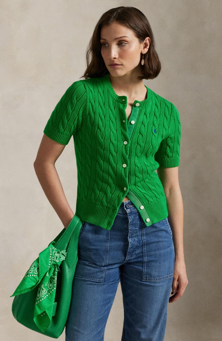 Polo Ralph Lauren Cable Stitch Short Sleeve Cotton Cardigan, Alternate, color, 