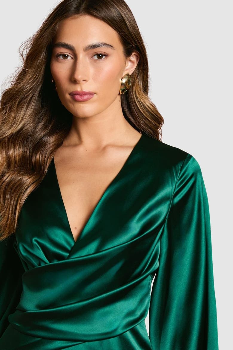 Satin Fringe Hem Wrap Waist Midi Dress, Alternate, color, Emerald