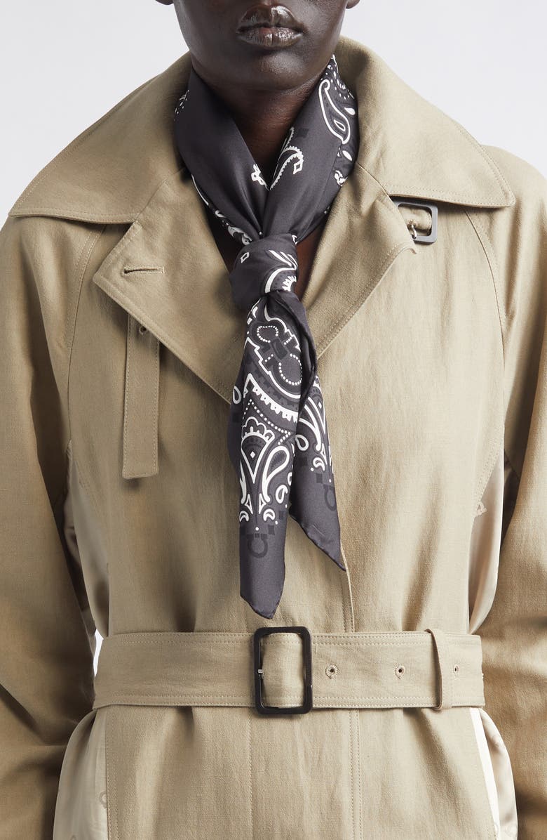 FERRAGAMO Arabesque Print Cotton & Silk Square Scarf, Main, color, Dark Grey Black White