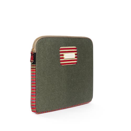 Kai & Vrosi K'ai & Vrosi Zipped, Patterned Canvas Laptop Case For 13" 14" In Green