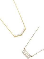 Adornia Set of 2 Freshwater Pearl & Cubic Zirconia Bar Necklaces