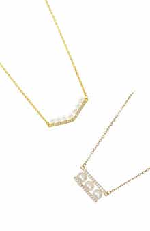 Adornia Set of 2 Freshwater Pearl & Cubic Zirconia Bar Necklaces