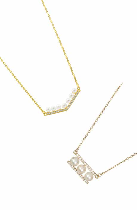 Adornia Set of 2 Freshwater Pearl & Cubic Zirconia Bar Necklaces