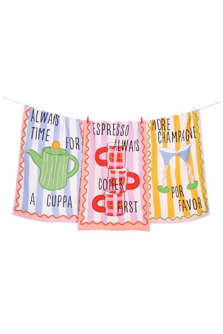 Set of Three Convivial Beverage Kitchen Towels, Main, color, PRIMARY POP MULTI
