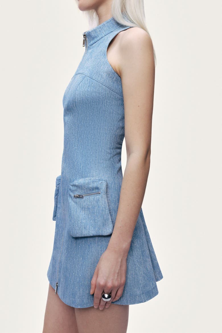 Pocket and Stone Detail Halterneck Mini Dress, Alternate, color, Blue