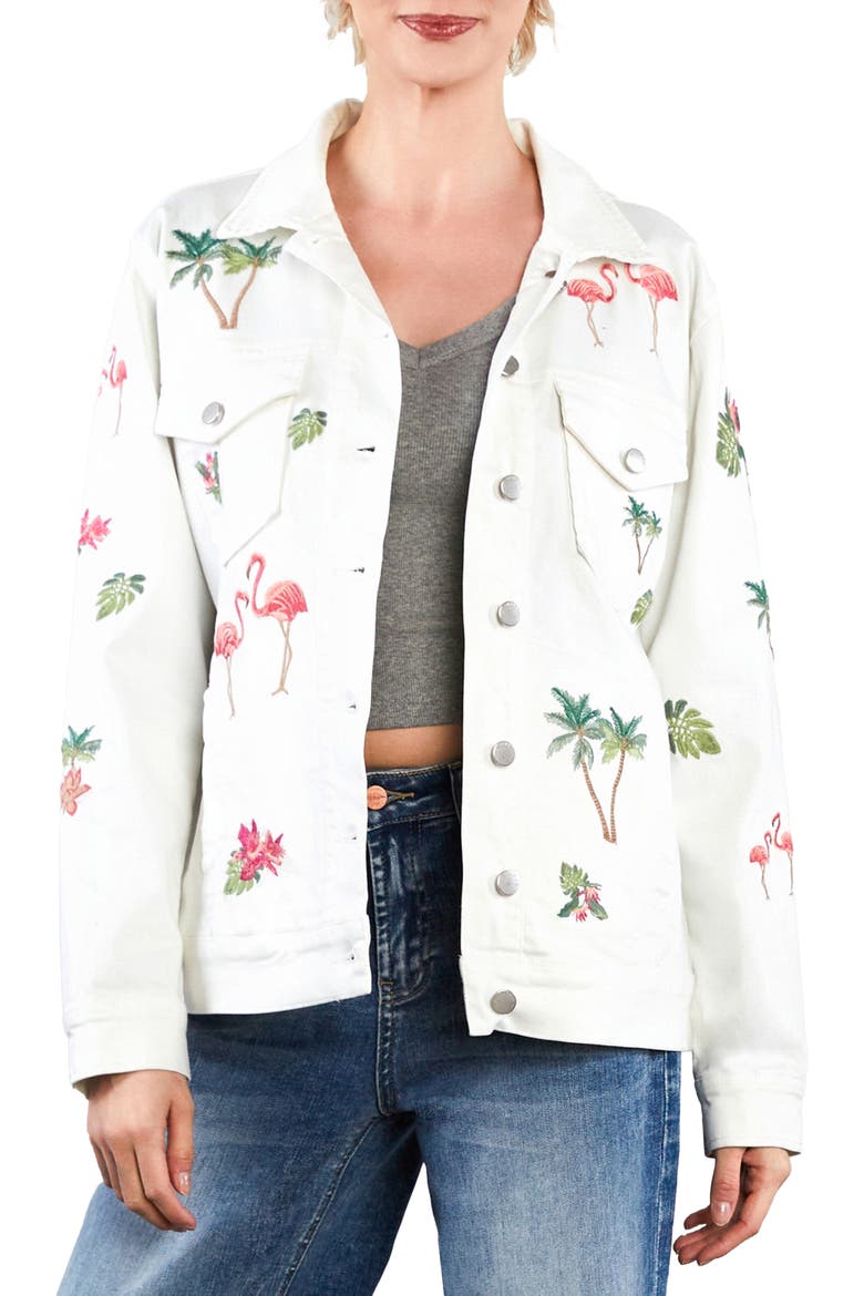 Flamingo Embroidery Denim Trucker Jacket, Main, color, MARSHMALLOW