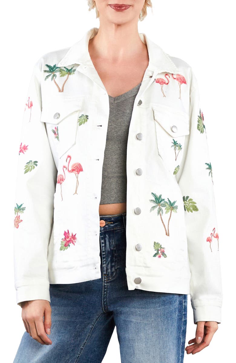 Billy T Flamingo Embroidery Denim Trucker Jacket, Main, color, Marshmallow