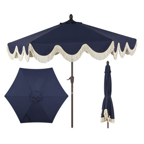Collins 9 ft. Classic Cottage Fringe Tassel Market Patio Umbrella with Auto-Tilt Crank