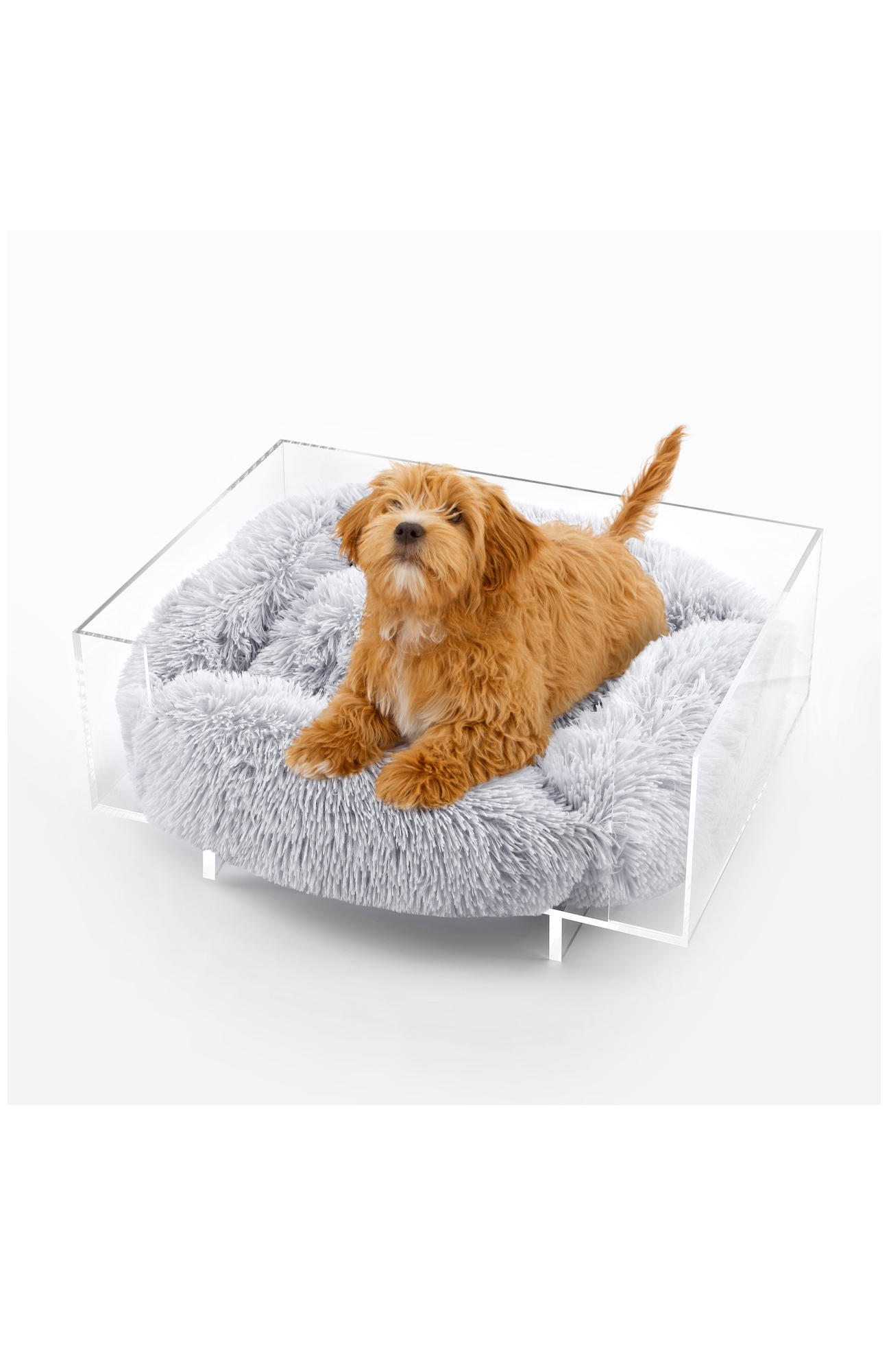 The Licker Store Carole 24" x 18" Small/Medium Modern Lucite Calming Fluffy Pet Bed with Washable Cushion - Light Gray/Clear
