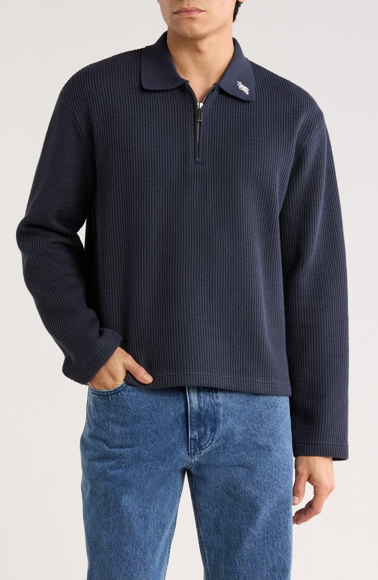 HONOR THE GIFT Wavy Knit Long Sleeve Zip Polo, Main, color, Navy