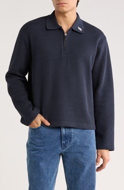 Wavy Knit Long Sleeve Zip Polo