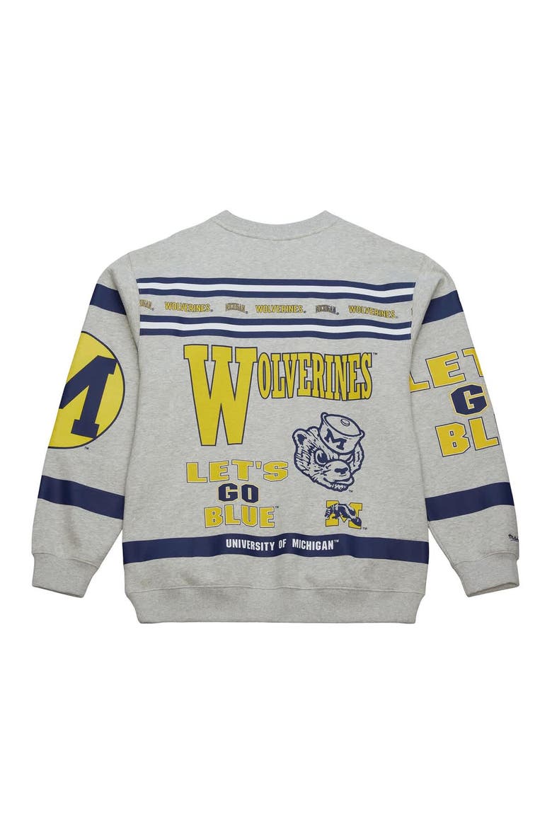 Men's Mitchell & Ness Heather Gray Michigan Wolverines All Over Print Sweatshirt, Alternate, color, Heather Gray