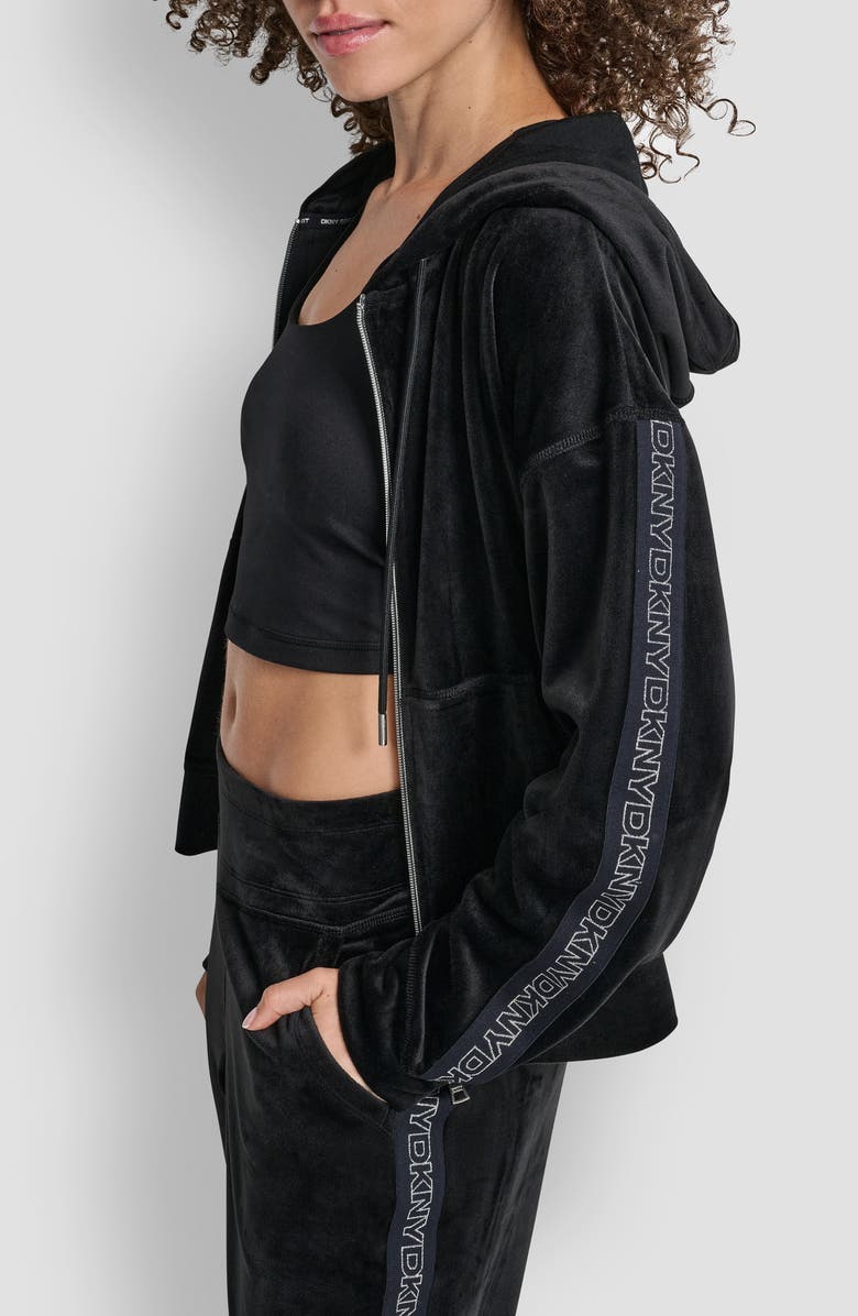 DKNY Velour Zip-Up Hoodie, Alternate, color, Black/ Silver